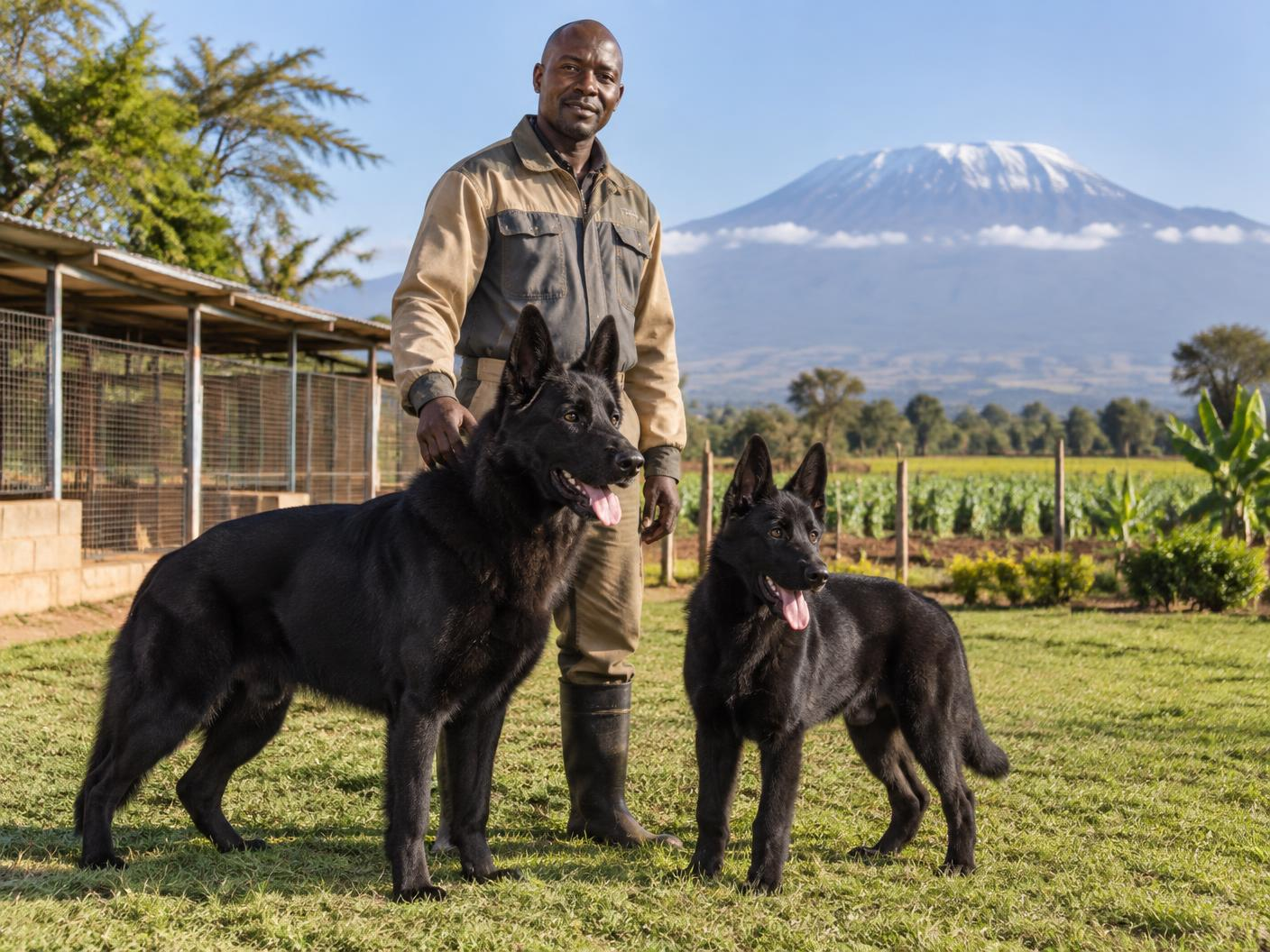 Black Shepherd Dog handler with two solid black long-coat German Shepherds and Mount Kilimanjaro in the background